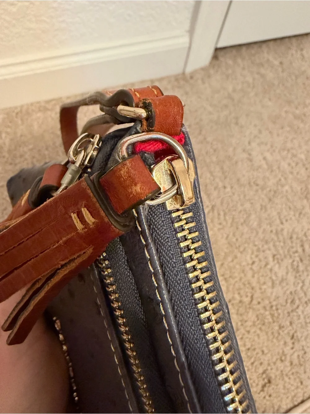 Dooney & Bourke Navy Ostrich-Texture Leather Wristlet with Brown Strap